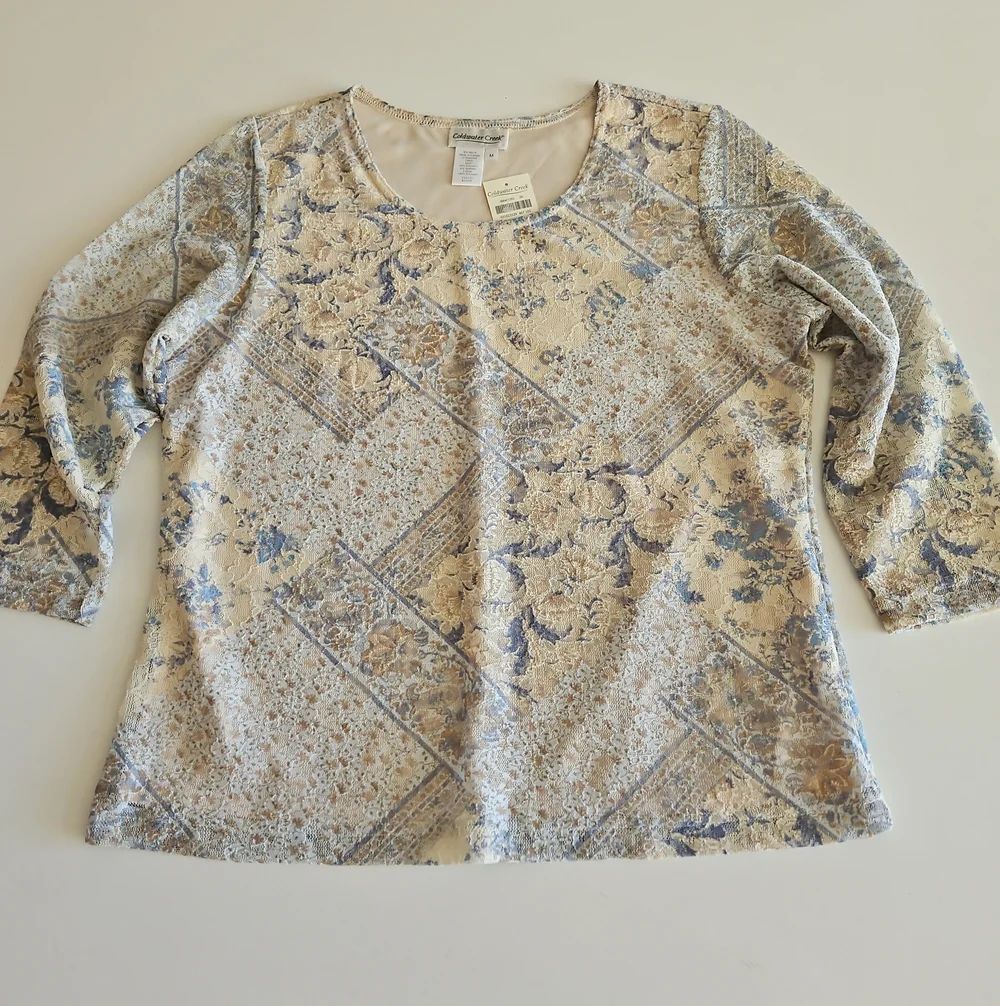 Coldwater Creek Beige and Blue Floral Patchwork Top
